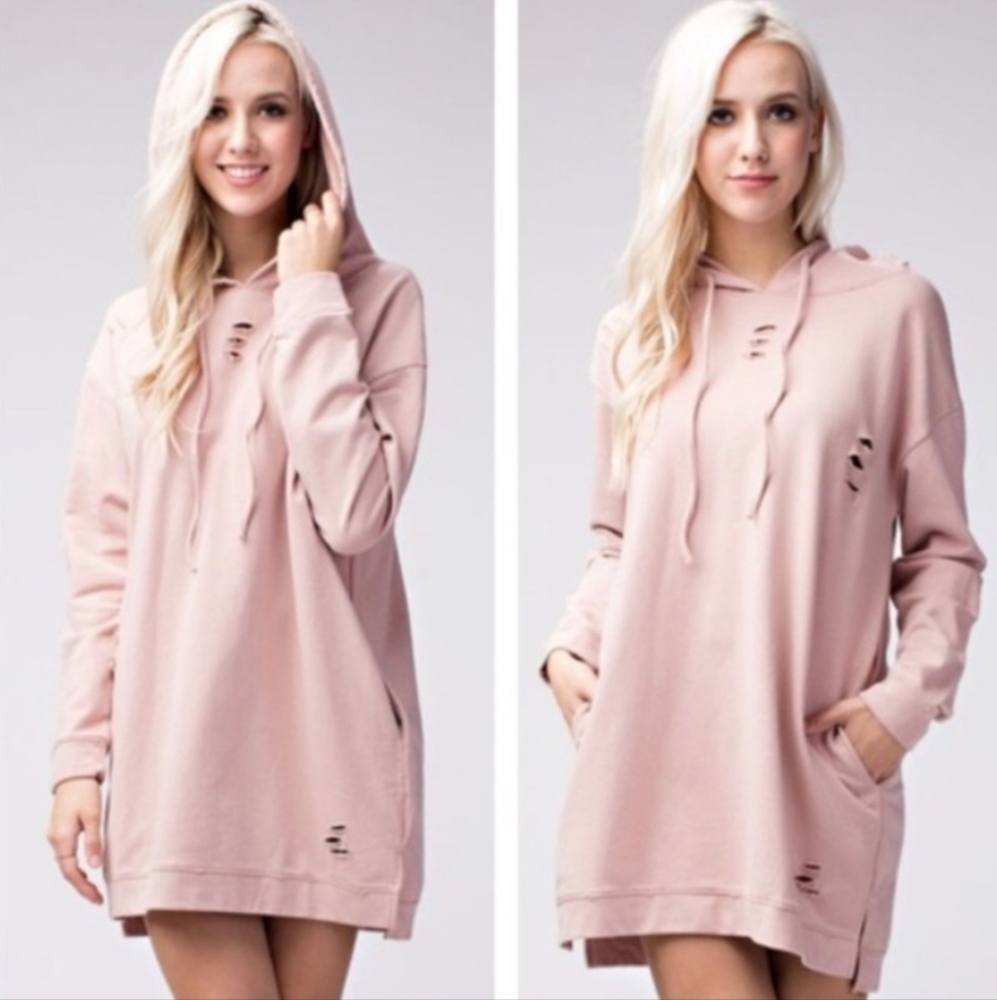 Honey Punch Pink Oversized Distressed Hoodie Dress Tunic
